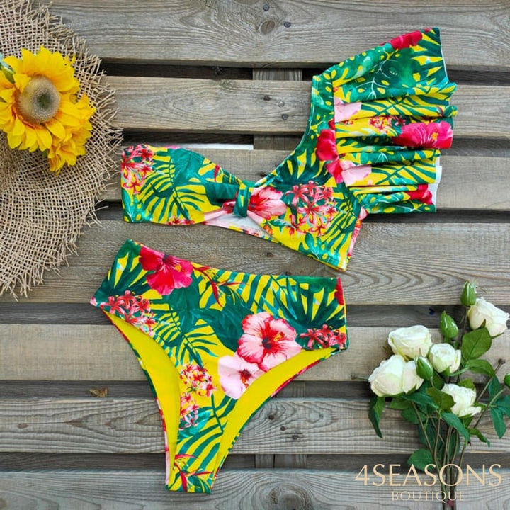 One Shoulder Swimsuit Print Bikinis Brazilian Bikini Set High Waist Swimming Suits Bathing Suit