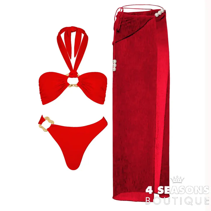 Pearls Bikini Set with Cover Up Red / S