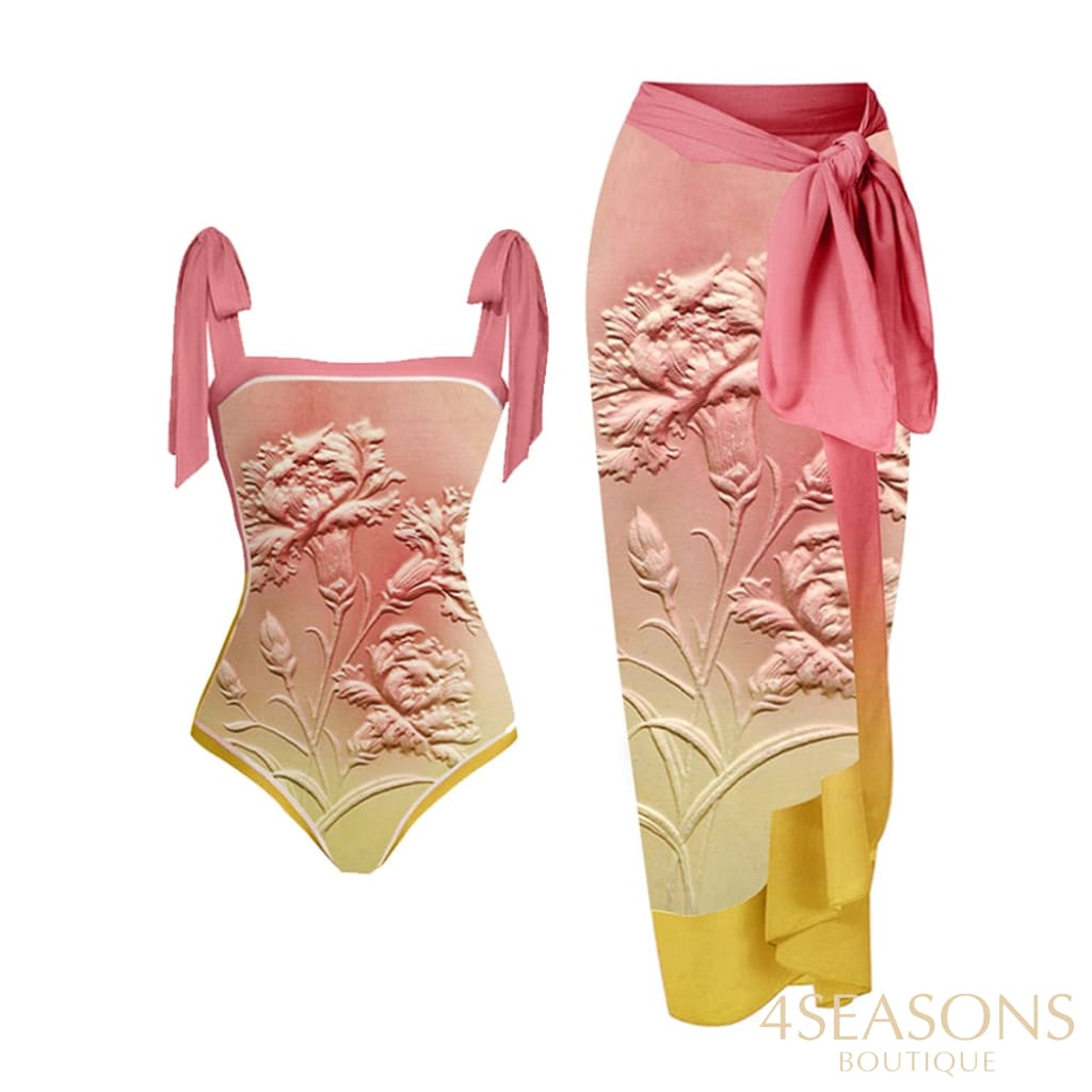 Pink Fashion Vintage Floral Design Gradient Swimsuit Set Micro Monokini Sexy Womens Surf Wear Tie