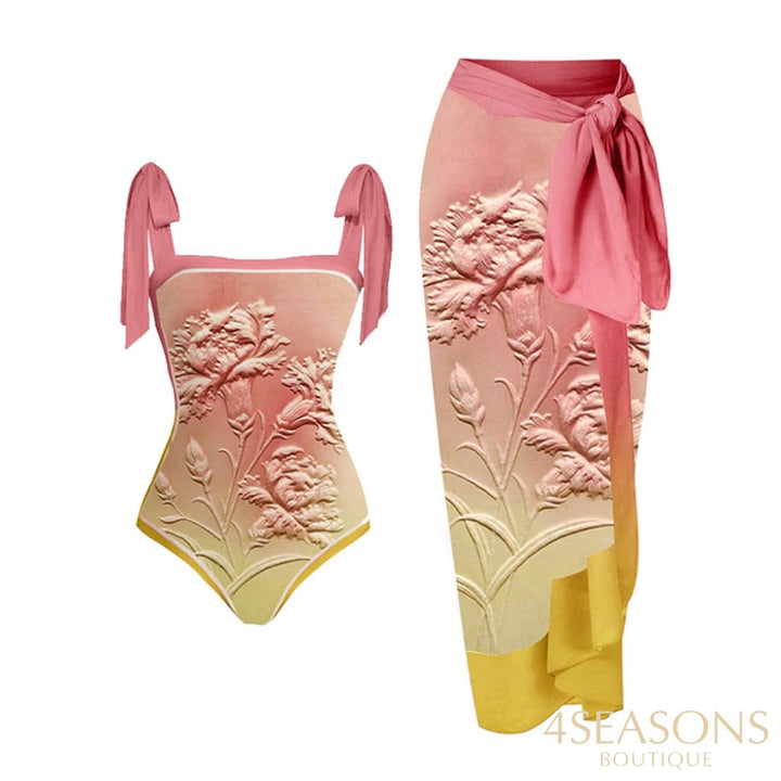 Pink Fashion Vintage Floral Design Gradient Swimsuit Set Micro Monokini Sexy Womens Surf Wear Tie