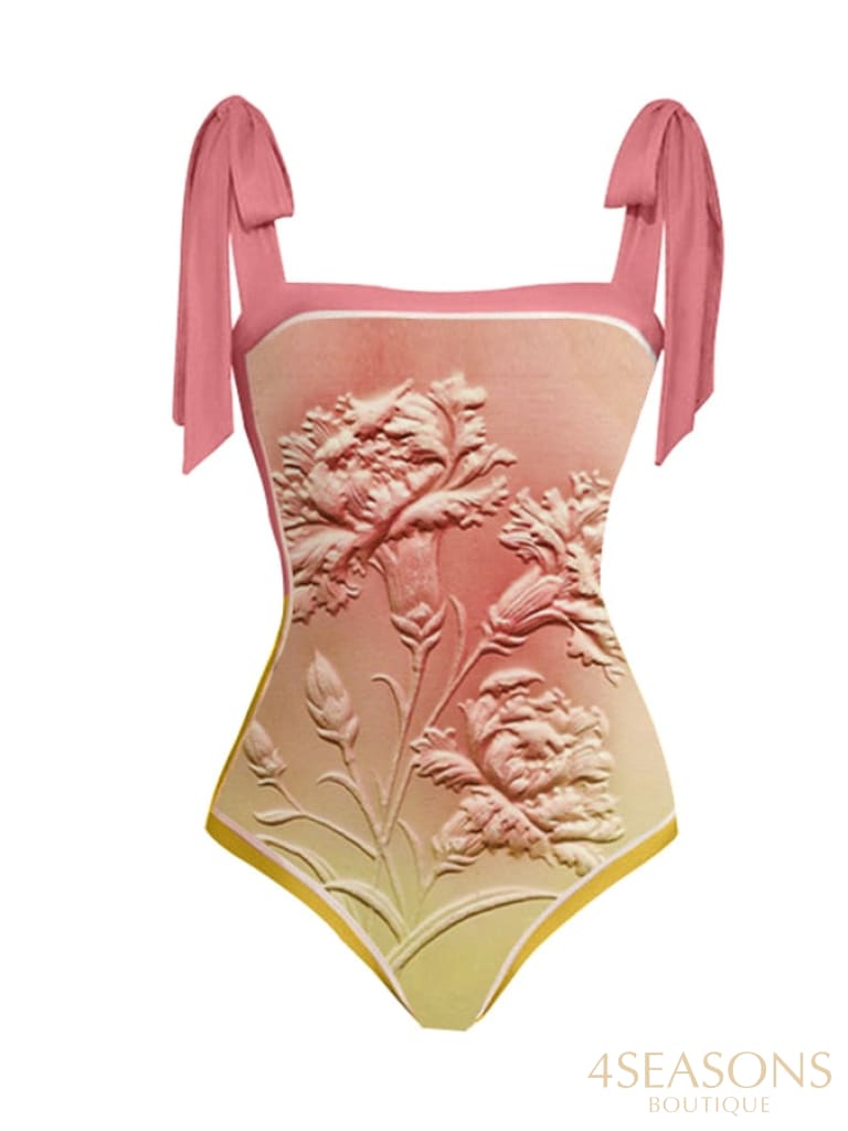 Pink Fashion Vintage Floral Design Gradient Swimsuit Set Micro Monokini Sexy Womens Surf Wear Tie