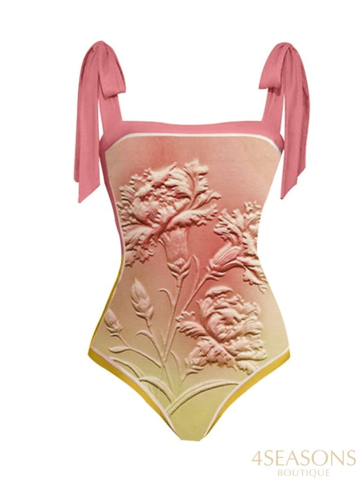Pink Fashion Vintage Floral Design Gradient Swimsuit Set Micro Monokini Sexy Womens Surf Wear Tie