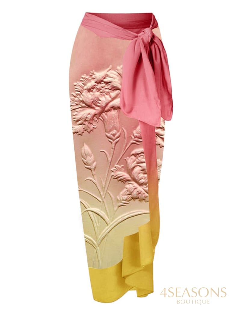 Pink Fashion Vintage Floral Design Gradient Swimsuit Set Micro Monokini Sexy Womens Surf Wear Tie