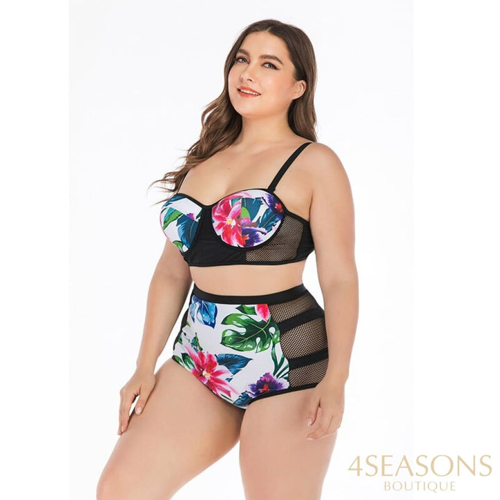 Plus Size Women Push Up One Piece Floral Swimsuit Retro Printed Jumpsuit Big L-4Xl Biquini Ladies