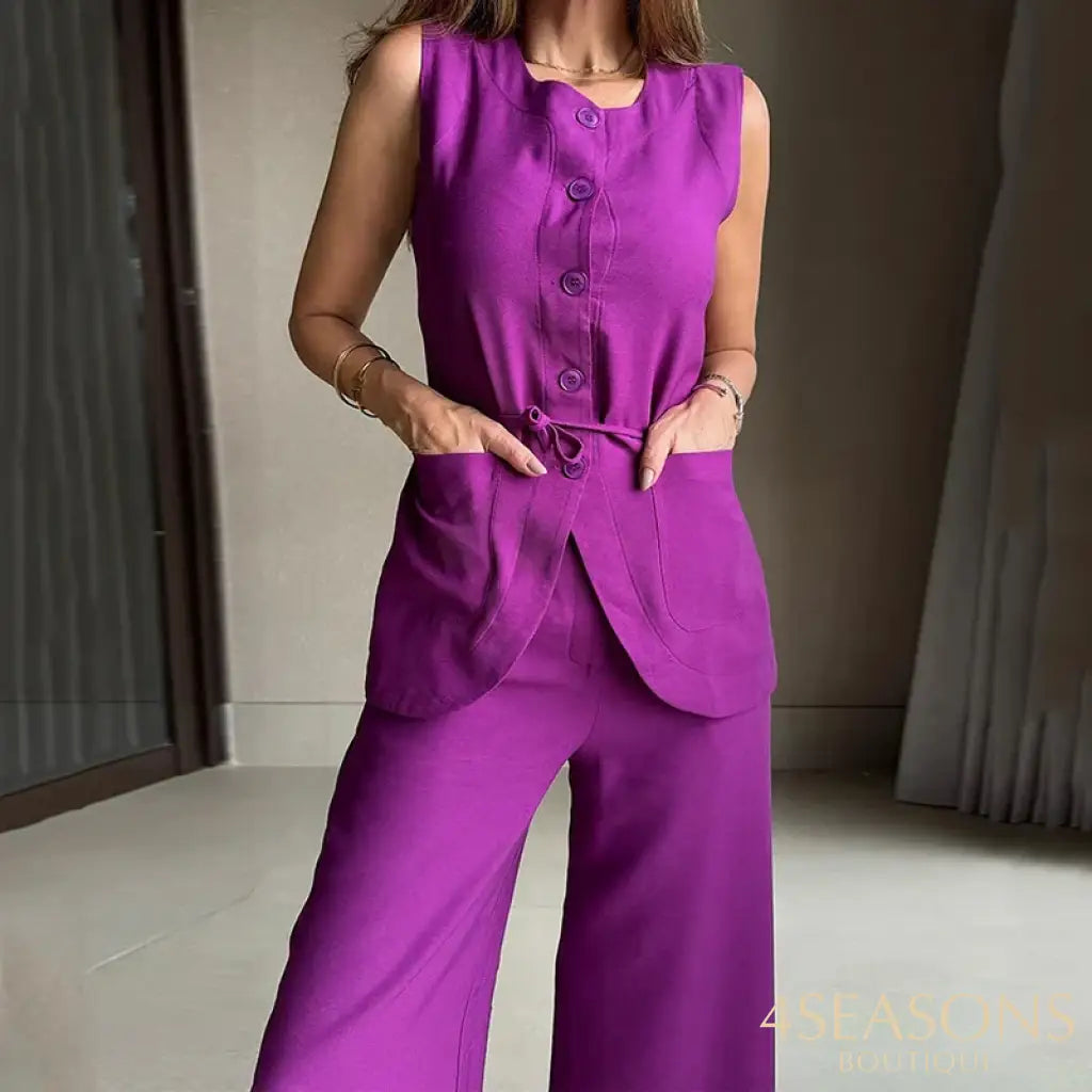 Wefads Two Piece Set Women Elegant Fashion Solid Sleeveless Round Neck Single Breasted Button Tank Top Loose Straight