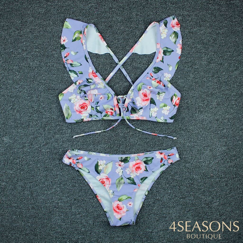 Sexy Bikini 2020 New Print Floral Swimwear Women Lace Up Low Waist Bikinis Set Push Brazilian