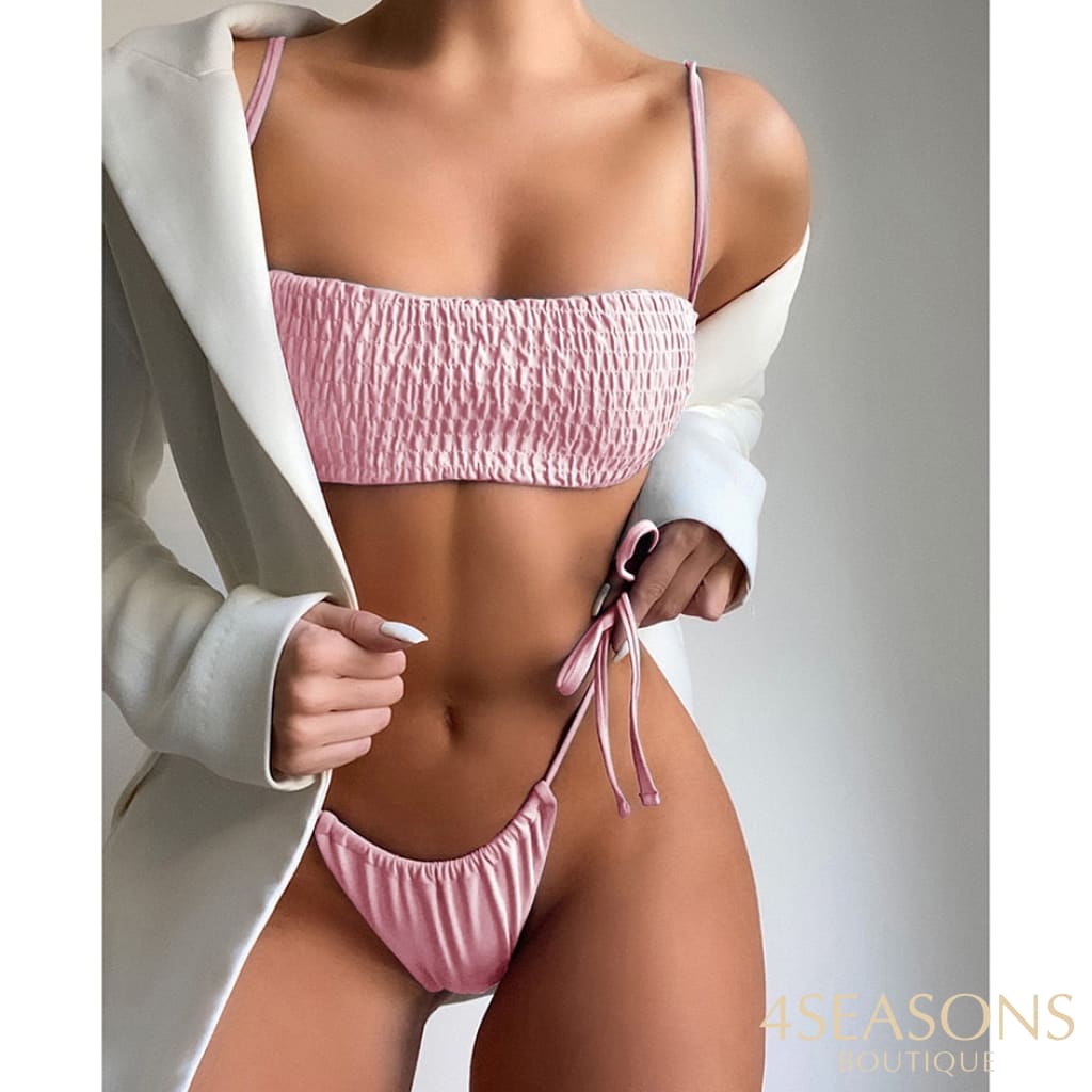 Sexy Bikini 2021 Pleated Bandeau Swimwear Women Swimsuit Female Thong Bikinis Set 2 Piece Bathing