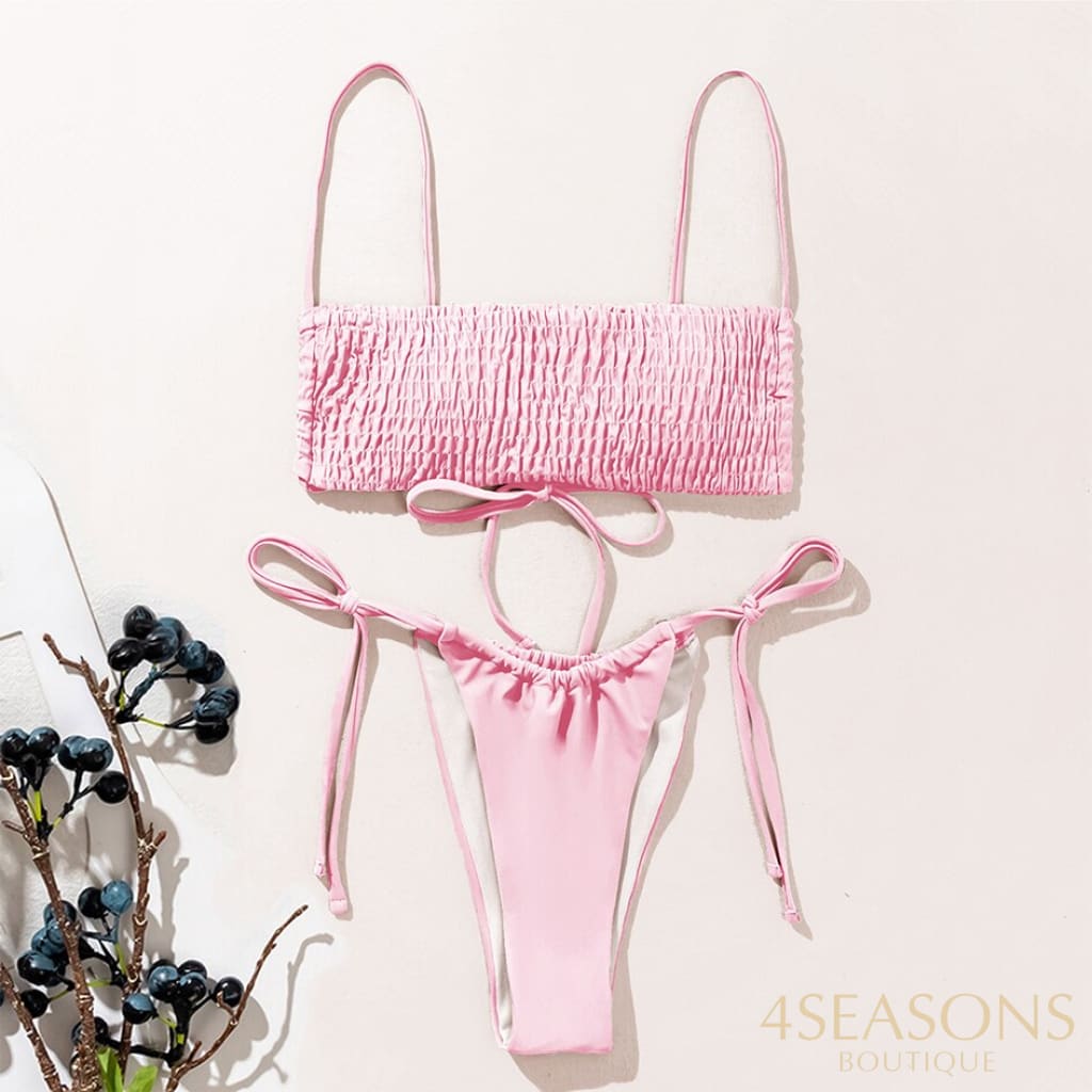 Sexy Bikini 2021 Pleated Bandeau Swimwear Women Swimsuit Female Thong Bikinis Set 2 Piece Bathing