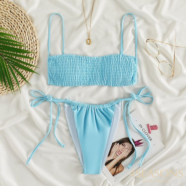 Sexy Bikini 2021 Pleated Bandeau Swimwear Women Swimsuit Female Thong Bikinis Set 2 Piece Bathing