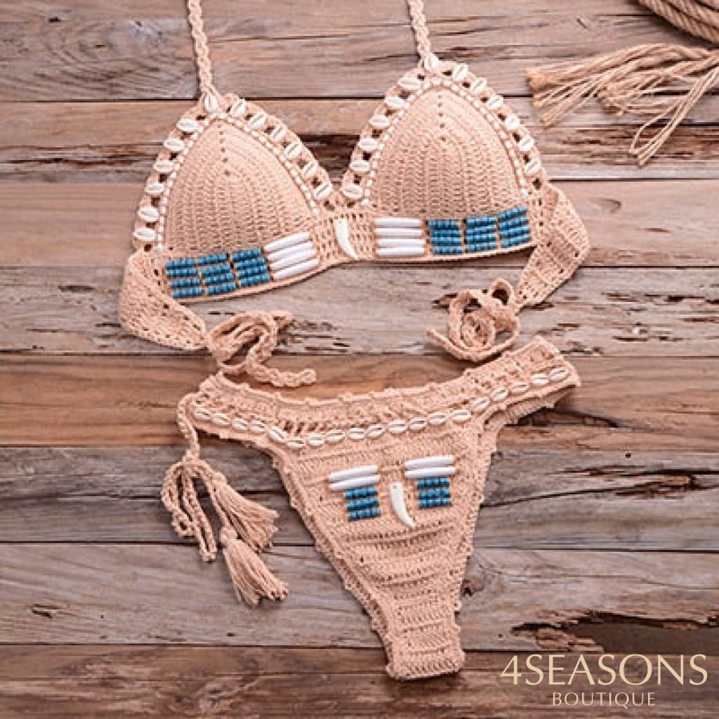 Sexy Blue Shell Beaded Bikinis Set Handmade Crochet High Quality Swimsuit Women Push Up Swimwear