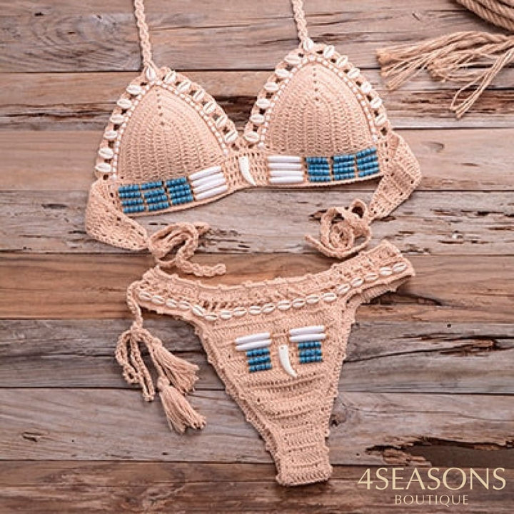 Sexy Blue Shell Beaded Bikinis Set Handmade Crochet High Quality Swimsuit Women Push Up Swimwear