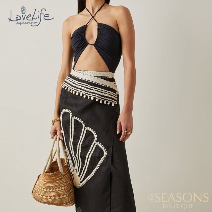 Sexy Cutout One-Piece Swimsuit Set Backless Triangle Retro Vintage Lace Hollow Women String Bathing