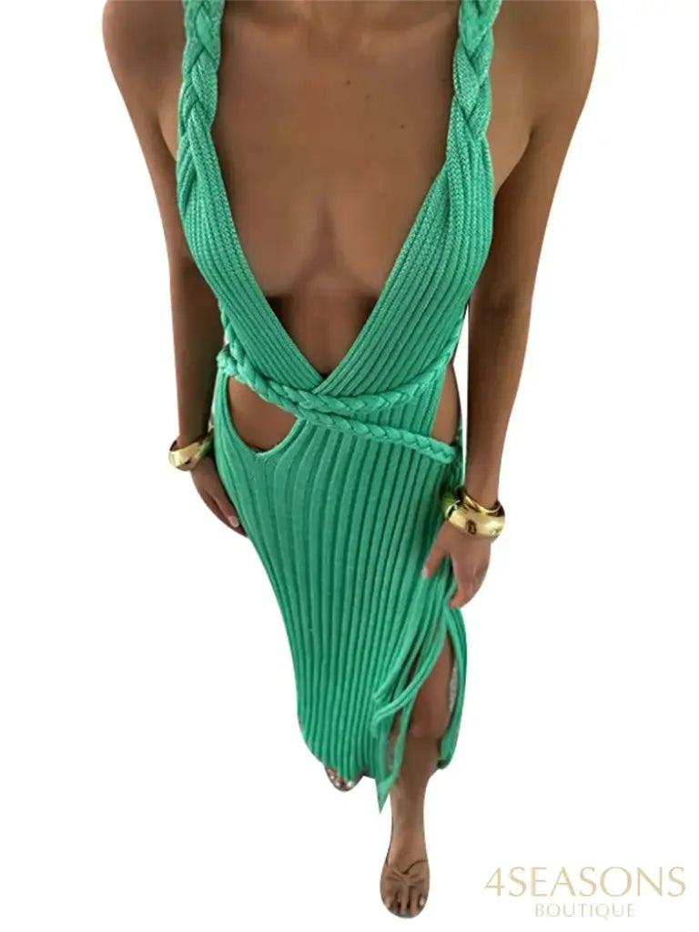 Sexy Knit High Slit Backless Long Dress Women Green Ribbed Hollow V-neck Dresses Female 2025 Summer Lady Beach Party