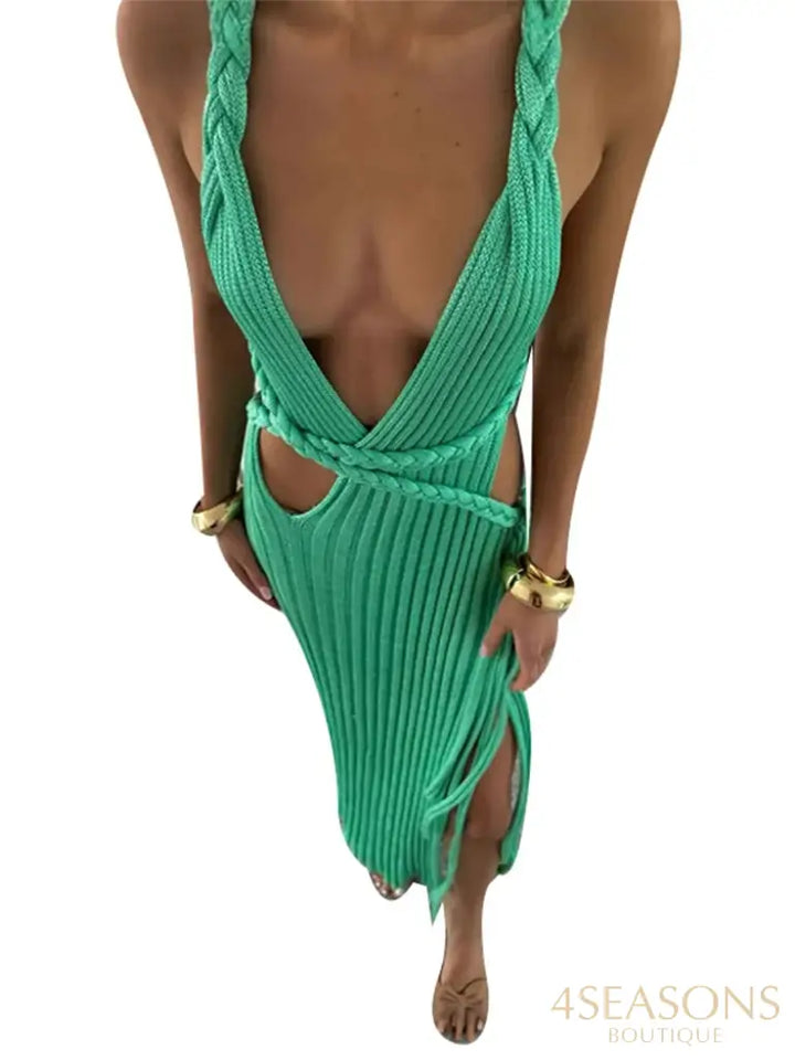 Sexy Knit High Slit Backless Long Dress Women Green Ribbed Hollow V-neck Dresses Female 2025 Summer Lady Beach Party
