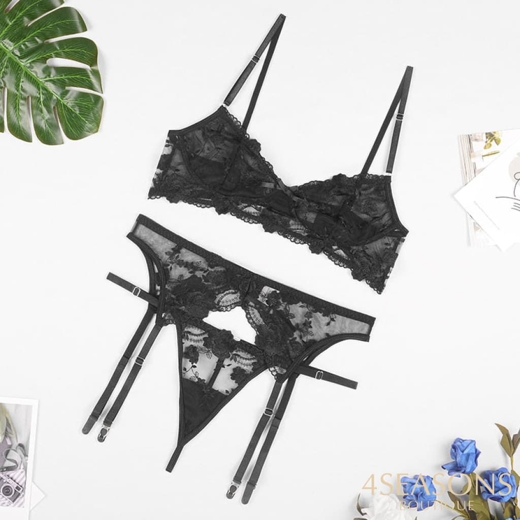 Sexy Lingerie Women Thin Transparent Lace Push Up Bra Set Embroidery Bra+Garters+Thong 3 Piece See