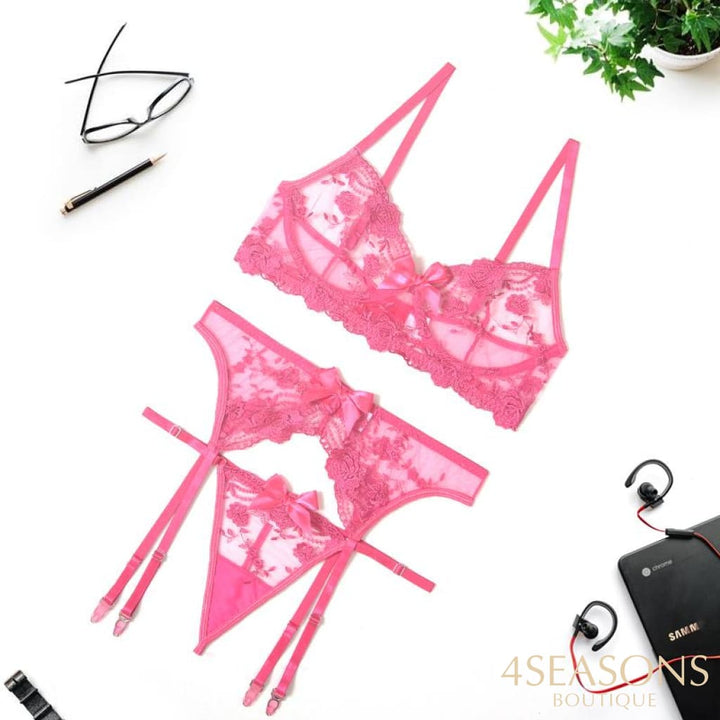 Sexy Lingerie Women Thin Transparent Lace Push Up Bra Set Embroidery Bra+Garters+Thong 3 Piece See