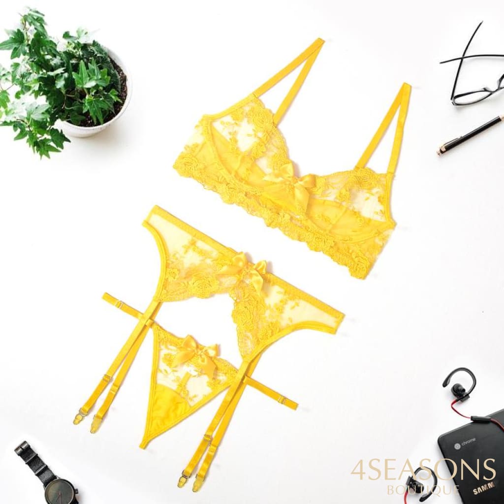 Sexy Lingerie Women Thin Transparent Lace Push Up Bra Set Embroidery Bra+Garters+Thong 3 Piece See