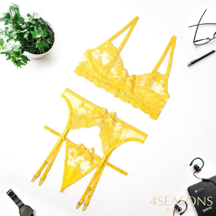 Sexy Lingerie Women Thin Transparent Lace Push Up Bra Set Embroidery Bra+Garters+Thong 3 Piece See