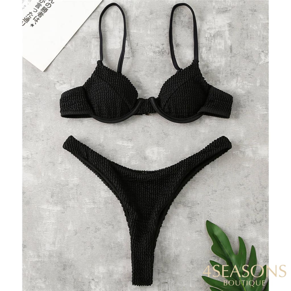 Sexy Ribbed Underwired Bikini Swimsuit Female Swimwear Women Two-Pieces Set High Cut Thong Bather