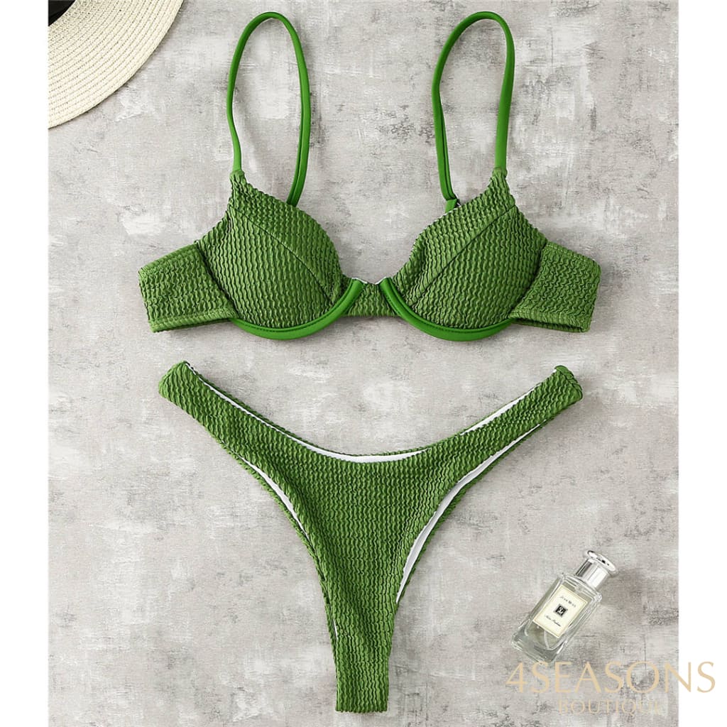 Sexy Ribbed Underwired Bikini Swimsuit Female Swimwear Women Two-Pieces Set High Cut Thong Bather