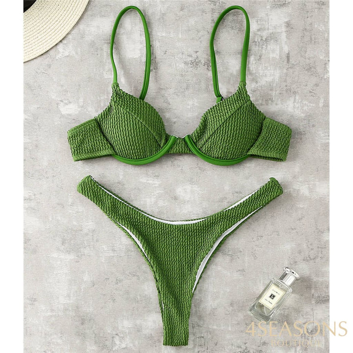 Sexy Ribbed Underwired Bikini Swimsuit Female Swimwear Women Two-Pieces Set High Cut Thong Bather
