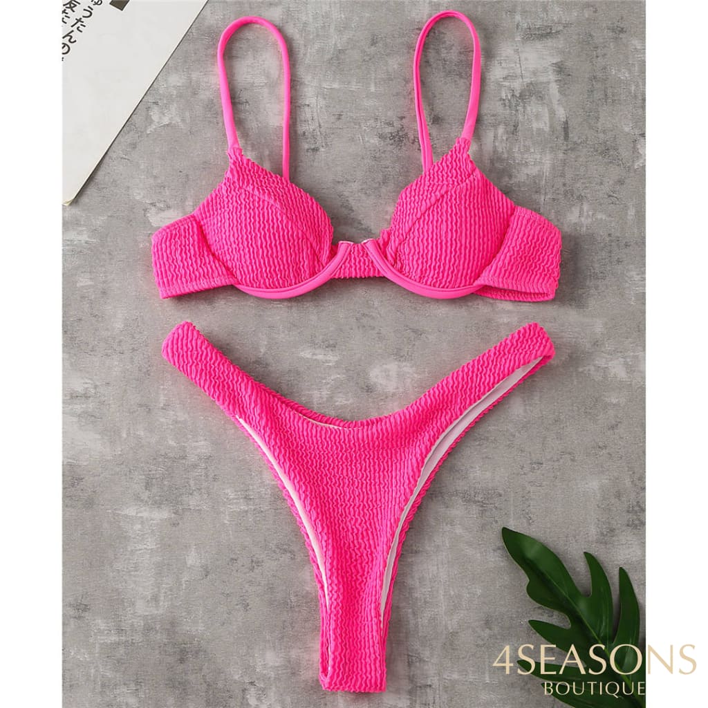 Sexy Ribbed Underwired Bikini Swimsuit Female Swimwear Women Two-Pieces Set High Cut Thong Bather
