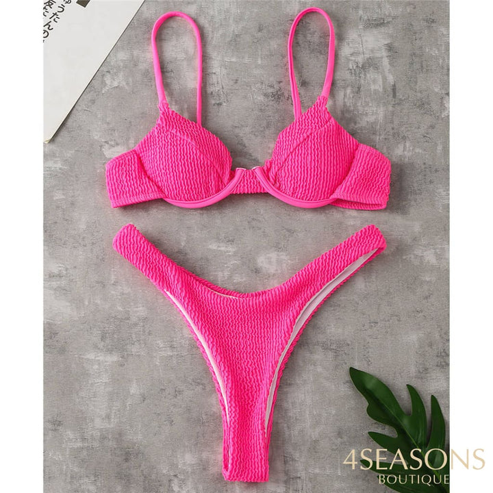 Sexy Ribbed Underwired Bikini Swimsuit Female Swimwear Women Two-Pieces Set High Cut Thong Bather