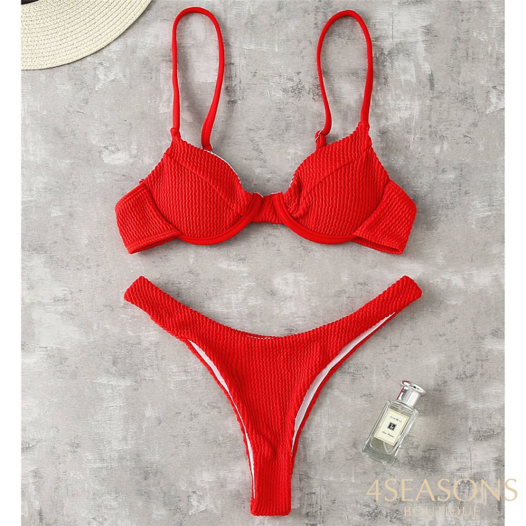 Sexy Ribbed Underwired Bikini Swimsuit Female Swimwear Women Two-Pieces Set High Cut Thong Bather