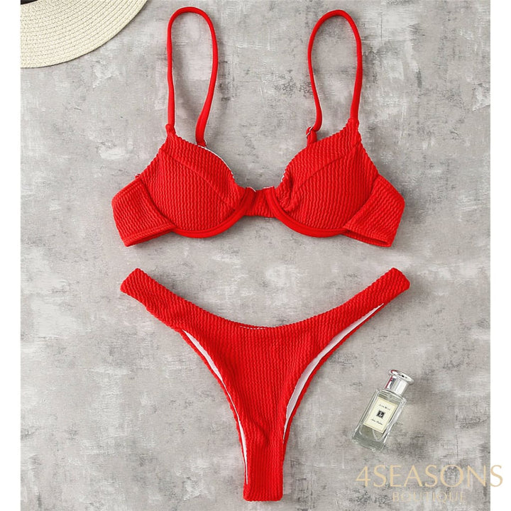 Sexy Ribbed Underwired Bikini Swimsuit Female Swimwear Women Two-Pieces Set High Cut Thong Bather