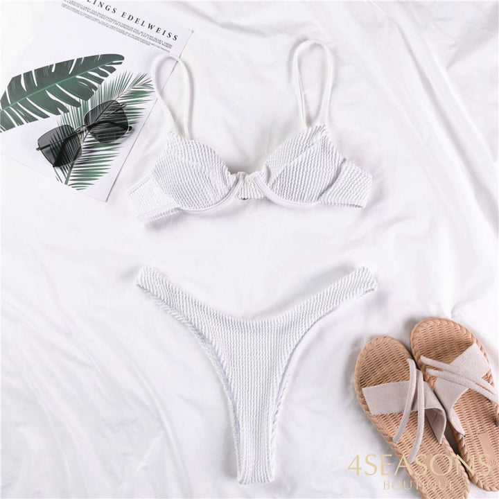 Sexy Ribbed Underwired Bikini Swimsuit Female Swimwear Women Two-Pieces Set High Cut Thong Bather