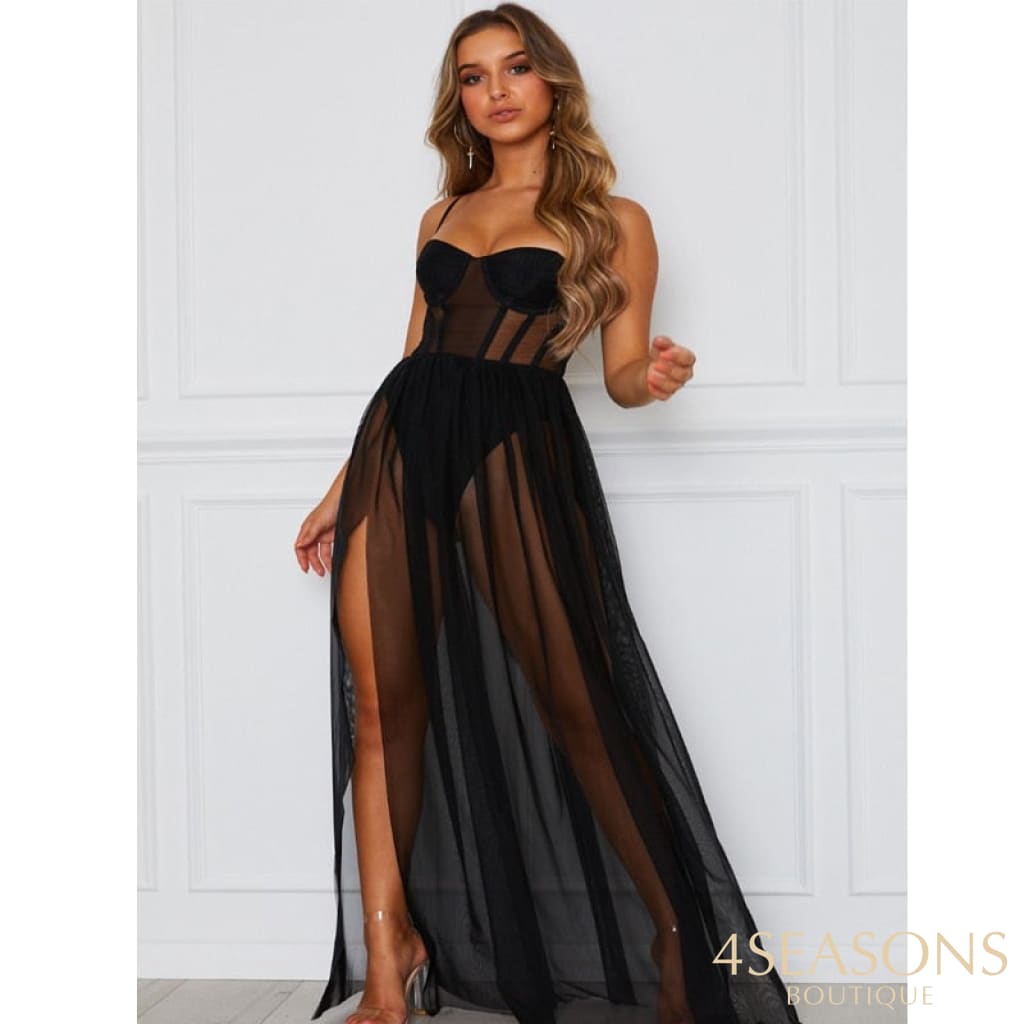 Sexy Womens Mesh Sheer Sling Bikini Cover Up Solid Casual Long Dress Summer Beach Sundress 200005118