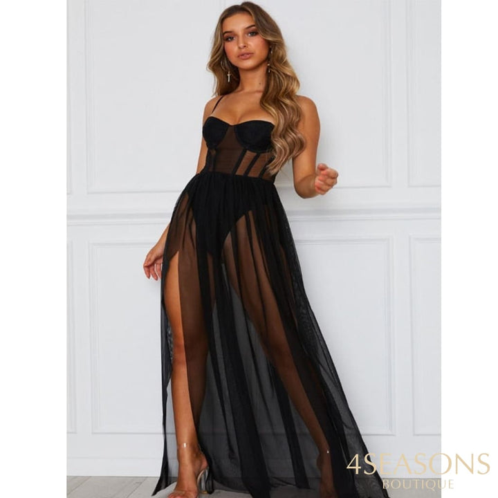 Sexy Womens Mesh Sheer Sling Bikini Cover Up Solid Casual Long Dress Summer Beach Sundress 200005118