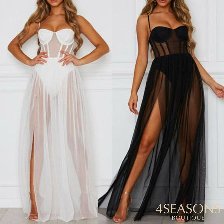 Sexy Womens Mesh Sheer Sling Bikini Cover Up Solid Casual Long Dress Summer Beach Sundress 200005118