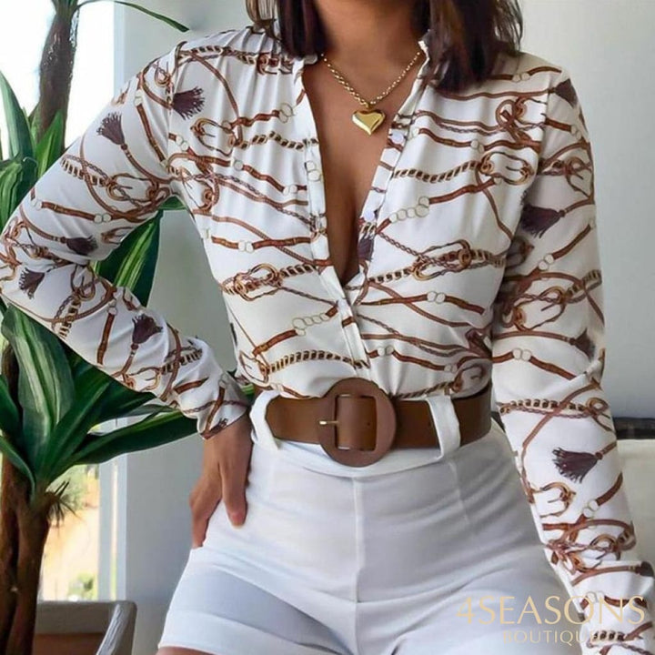 Shorts Sets Women's Summer Suit High Waist Longsleeve Shirts Two Piece Set Printed Leisure