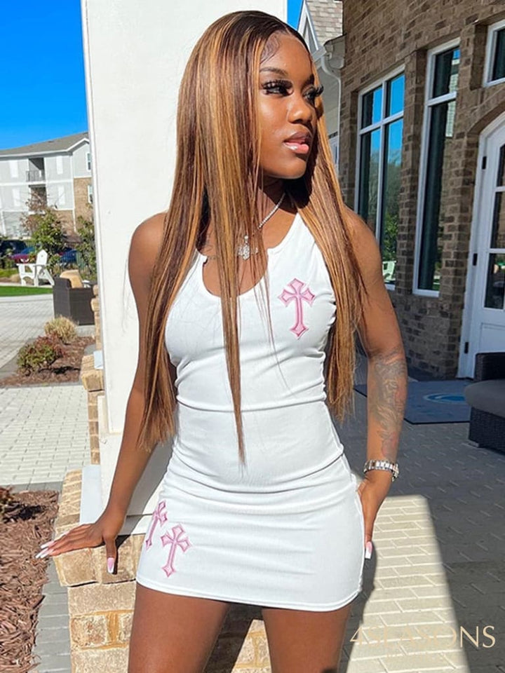 Sifreyr Cross Printed White Mini Dress For Women Sleeveless V-Neck Basic Tank Y2K Streetwear Outfits