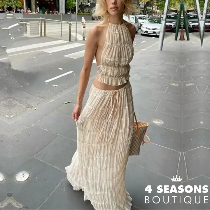 Halter Neck Long Skirt Women Sling Top Elegant Lace Up Fold Maxi Skirts Summer Pleated Sleeveless Backless Tops 2pcs