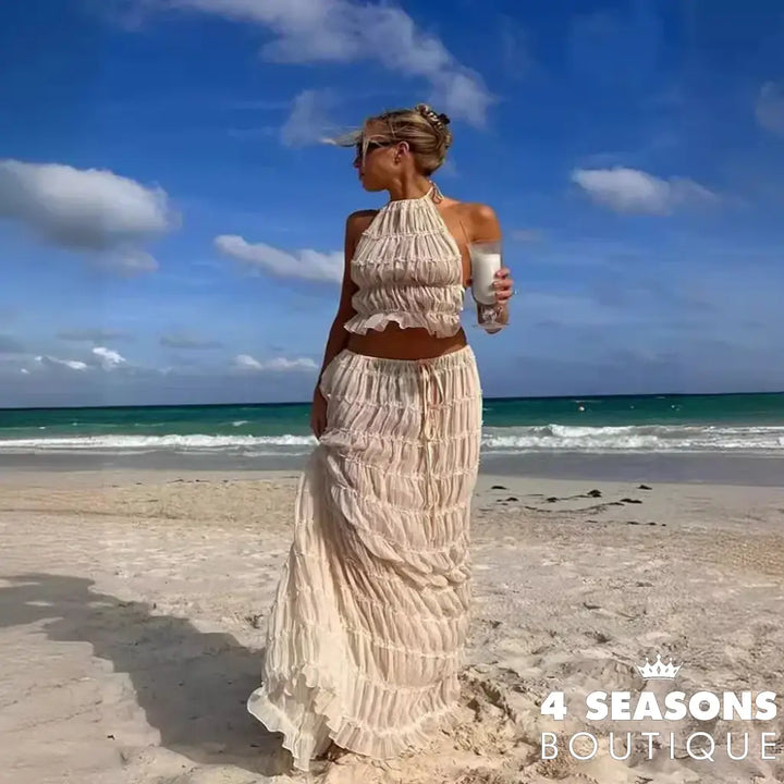 Halter Neck Long Skirt Women Sling Top Elegant Lace Up Fold Maxi Skirts Summer Pleated Sleeveless Backless Tops 2pcs
