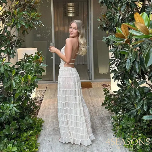 Halter Neck Long Skirt Women Sling Top Elegant Lace Up Fold Maxi Skirts Summer Pleated Sleeveless Backless Tops 2pcs