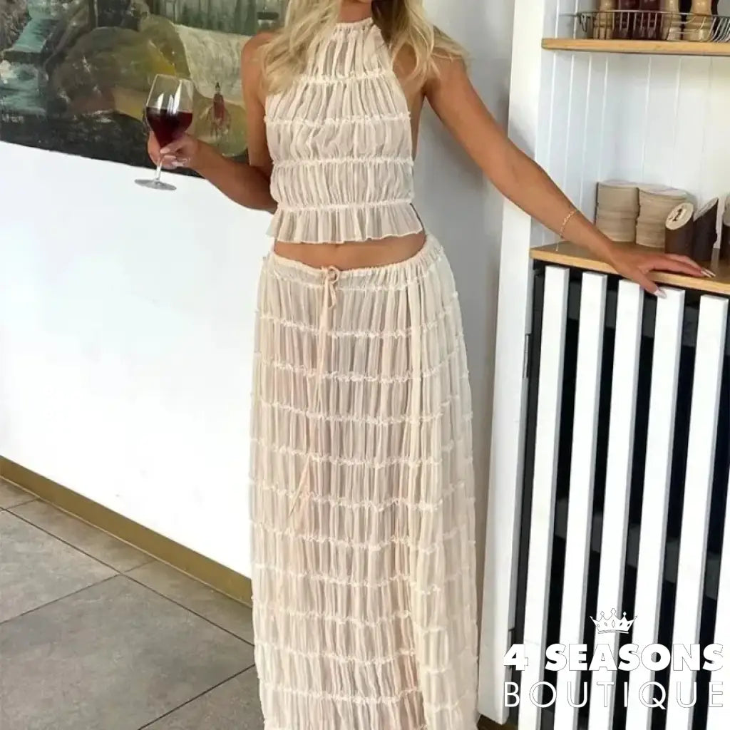 Halter Neck Long Skirt Women Sling Top Elegant Lace Up Fold Maxi Skirts Summer Pleated Sleeveless Backless Tops 2pcs