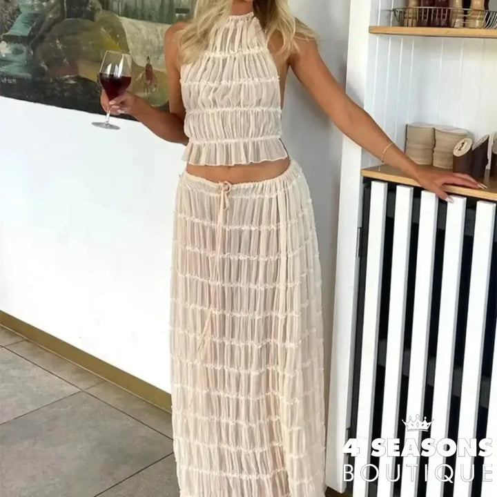 Halter Neck Long Skirt Women Sling Top Elegant Lace Up Fold Maxi Skirts Summer Pleated Sleeveless Backless Tops 2pcs