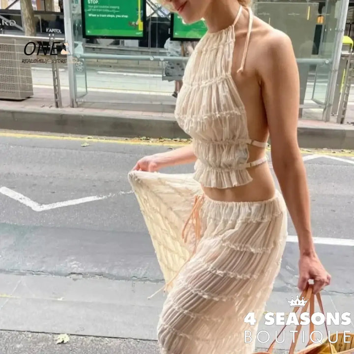 Halter Neck Long Skirt Women Sling Top Elegant Lace Up Fold Maxi Skirts Summer Pleated Sleeveless Backless Tops 2pcs