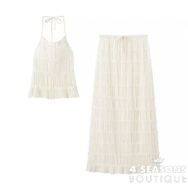 Halter Neck Long Skirt Women Sling Top Elegant Lace Up Fold Maxi Skirts Summer Pleated Sleeveless Backless Tops 2pcs