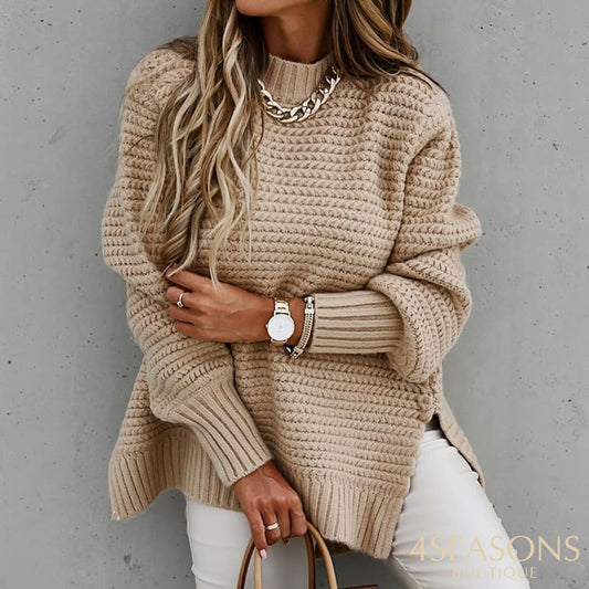 Women&#39;s Knitted Sweater Fashion Round Neck Lantern Long-Sleeved Pullover Blouse Ladies Winter