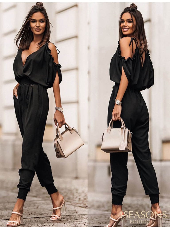 Summer Black Jumpsuit Women Fashion Casual V-Neck Sexy Off Shoulder Holiday Jumpsuits Elegant Office