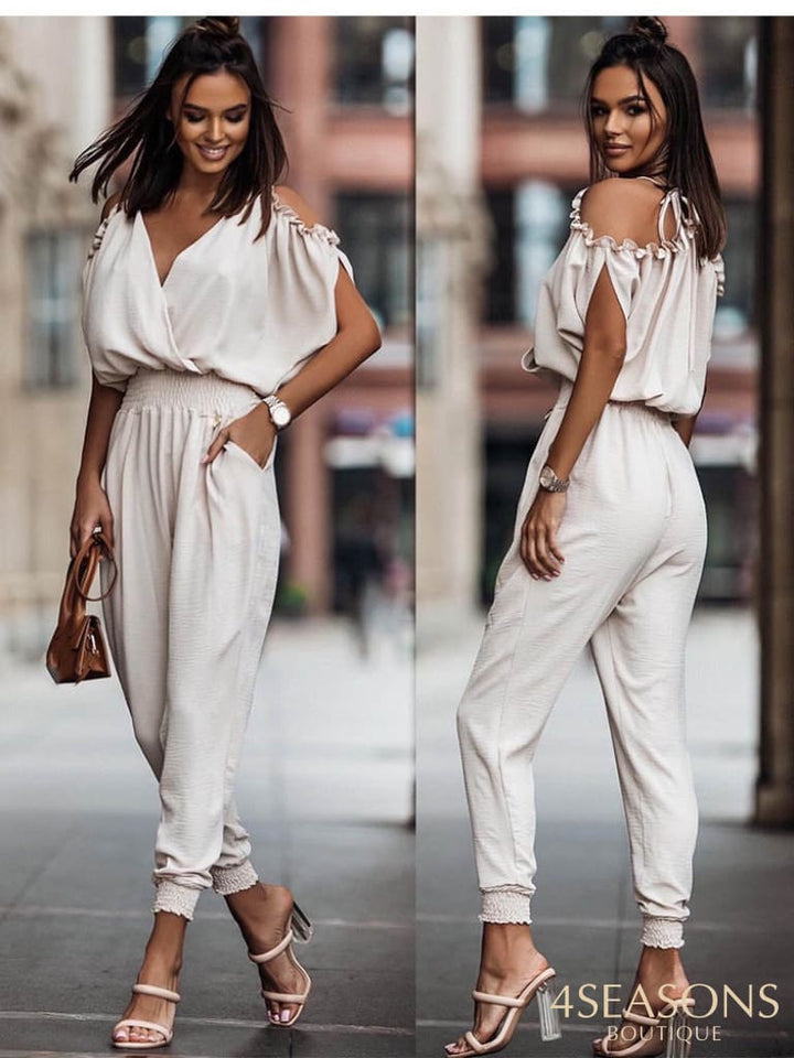 Summer Black Jumpsuit Women Fashion Casual V-Neck Sexy Off Shoulder Holiday Jumpsuits Elegant Office