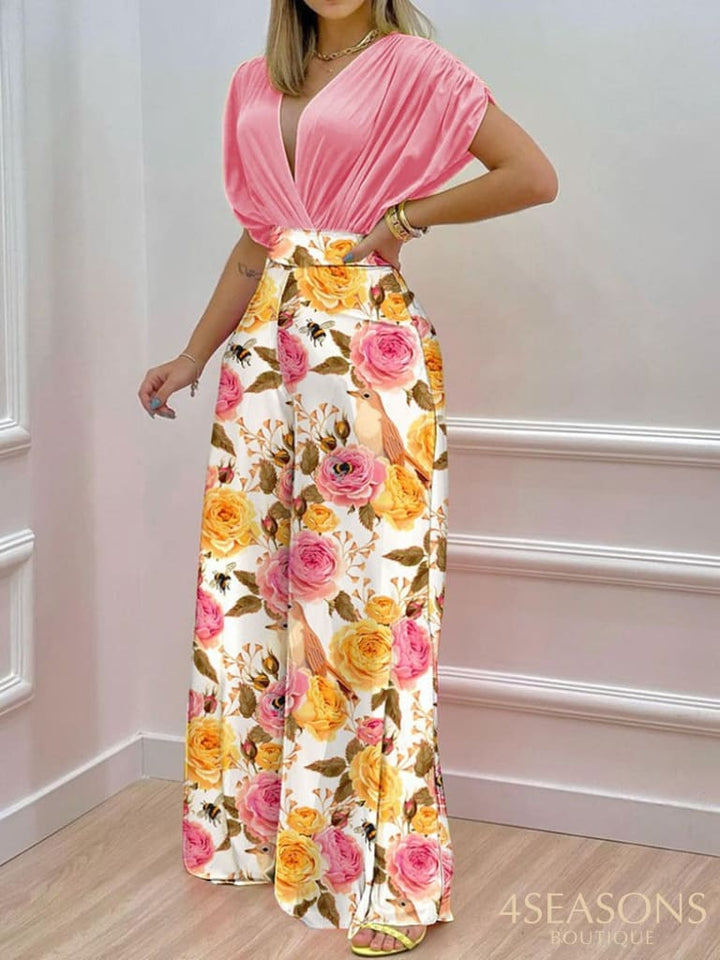 Summer Sexy Deep V Neck Pleated Shirt Outfit Women Fashion Solid Blouses + High Waist Print Straight
