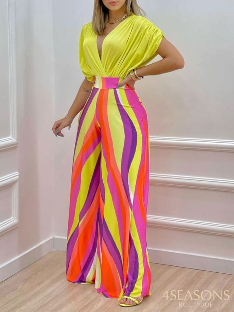 Summer Sexy Deep V Neck Pleated Shirt Outfit Women Fashion Solid Blouses + High Waist Print Straight