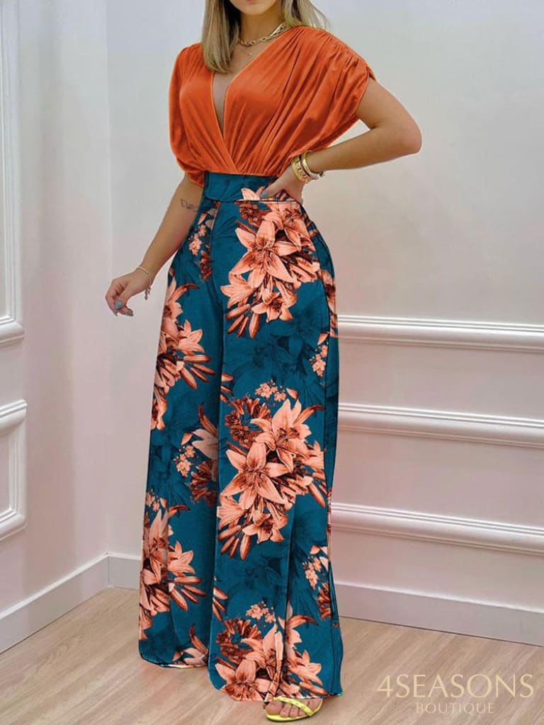 Summer Sexy Deep V Neck Pleated Shirt Outfit Women Fashion Solid Blouses + High Waist Print Straight