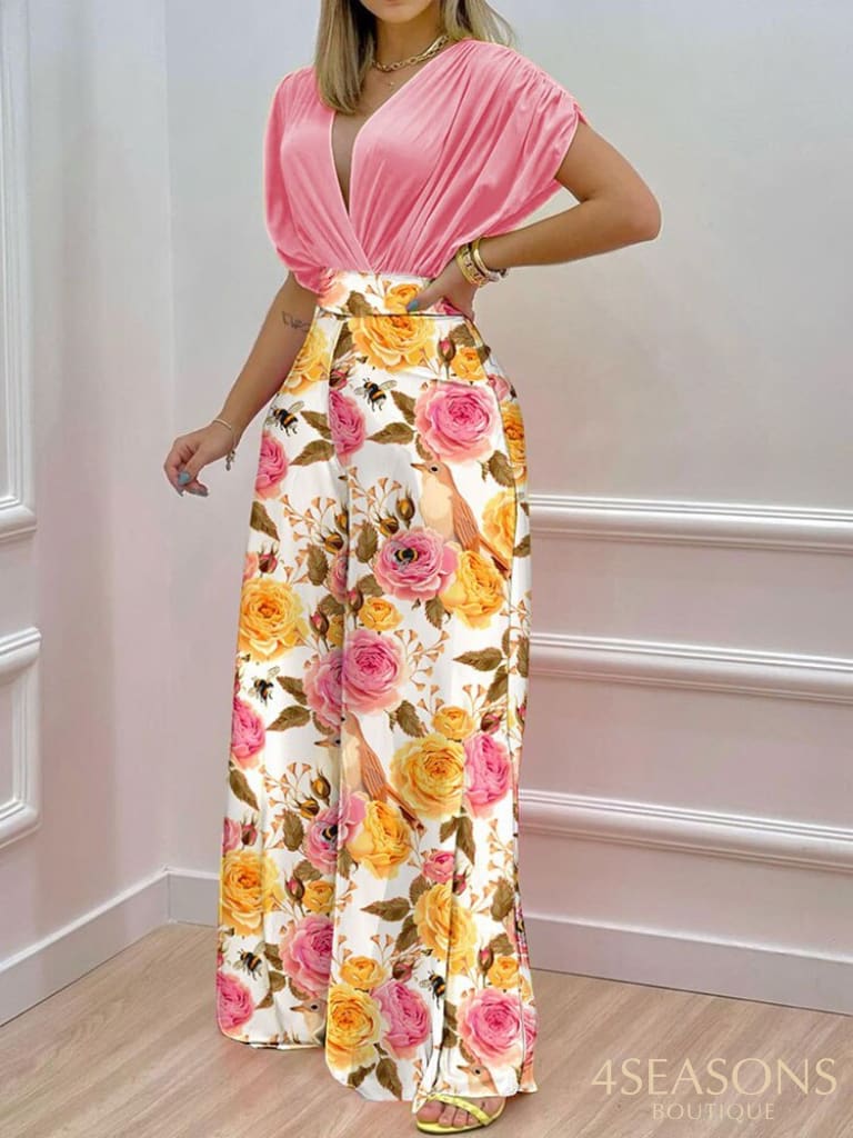 Summer Sexy Deep V Neck Pleated Shirt Outfit Women Fashion Solid Blouses + High Waist Print Straight