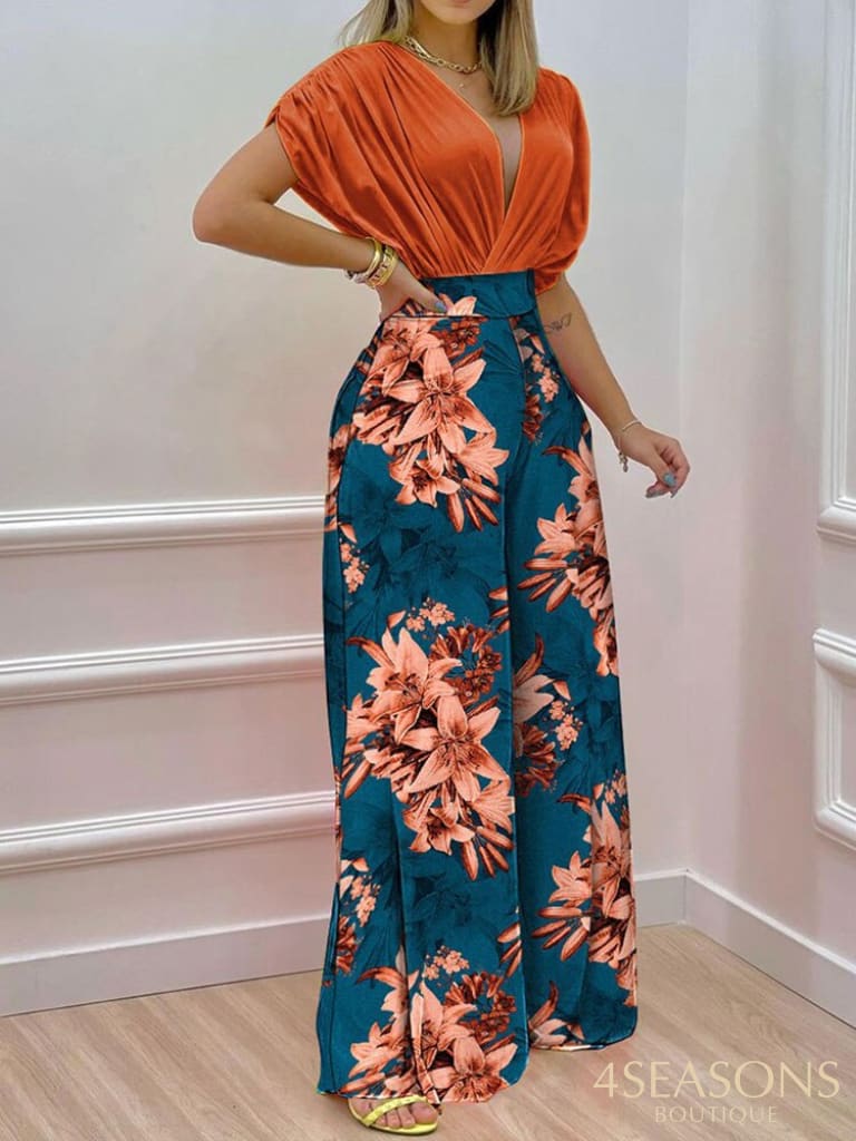 Summer Sexy Deep V Neck Pleated Shirt Outfit Women Fashion Solid Blouses + High Waist Print Straight